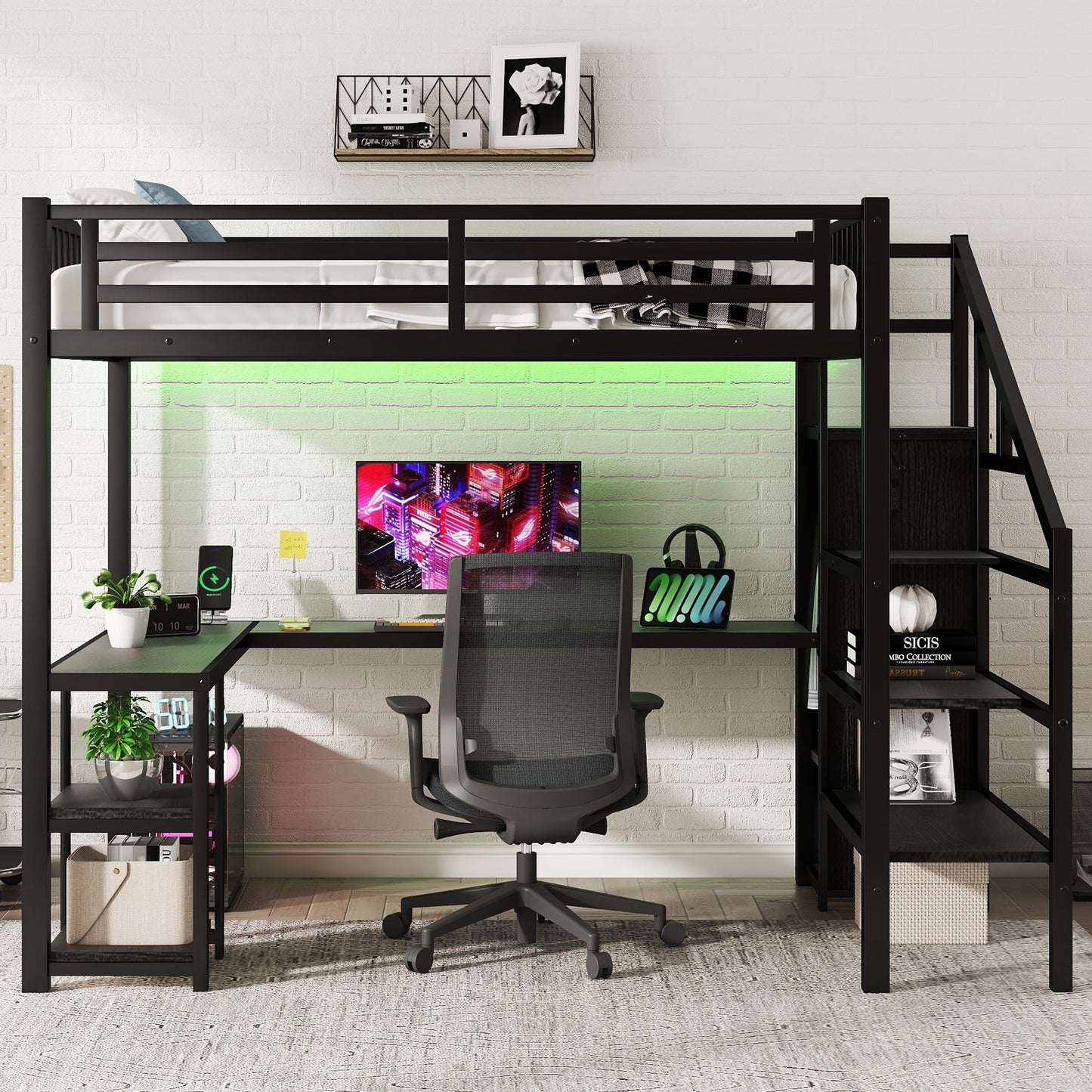 Metal Full Loft Bed With Wardrobe and LED Light, Full Size Loft Bed With L Shaped Desk and USB for Kids Teens Adults, Bl
