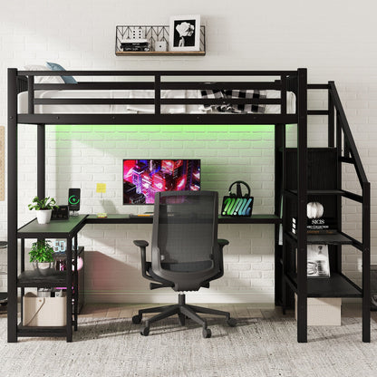 Metal Full Loft Bed With Wardrobe and LED Light, Full Size Loft Bed With L Shaped Desk and USB for Kids Teens Adults, Bl