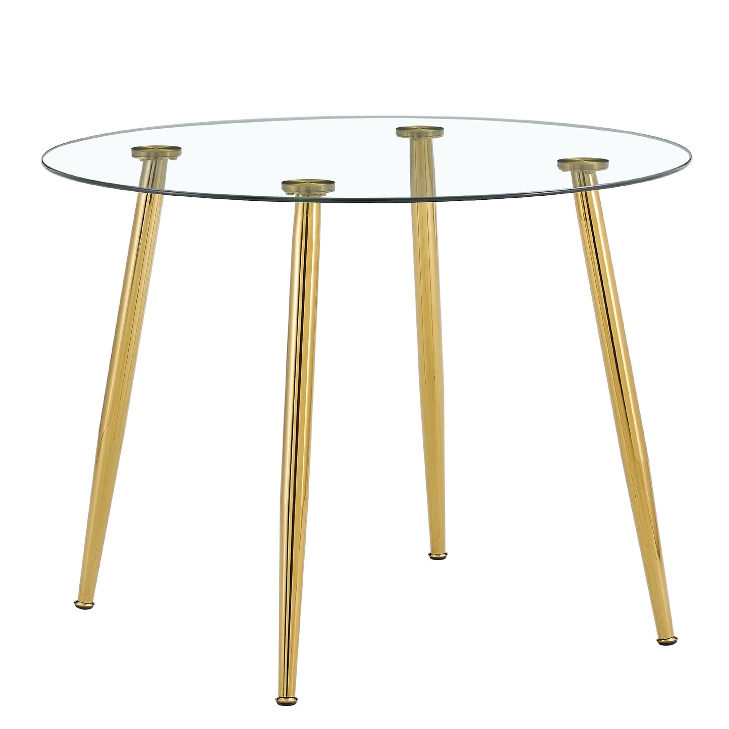 A Glass Tabletop With a Diameter of 40 Inches and a Modern Minimalist Circular Dining Table With Gold Plated Metal Legs.