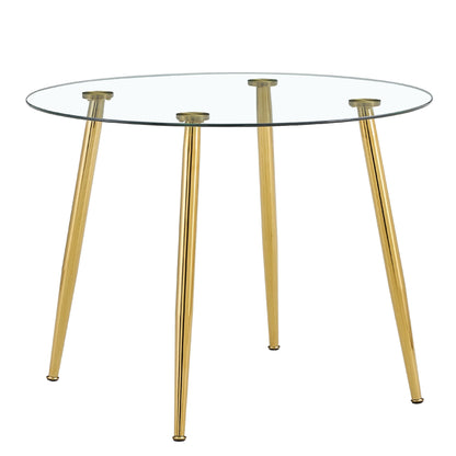 A Glass Tabletop With a Diameter of 40 Inches and a Modern Minimalist Circular Dining Table With Gold Plated Metal Legs.