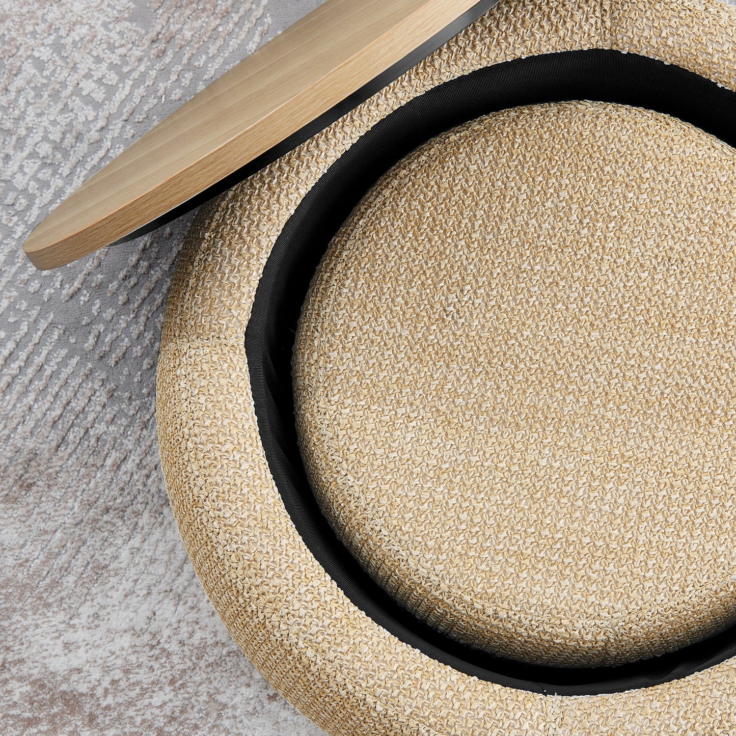 Round Storage Ottoman, Woven Rattan Fabric Ottoman, 2 in 1 Function, Work as End Table and Ottoman,with Small Seat-Natur