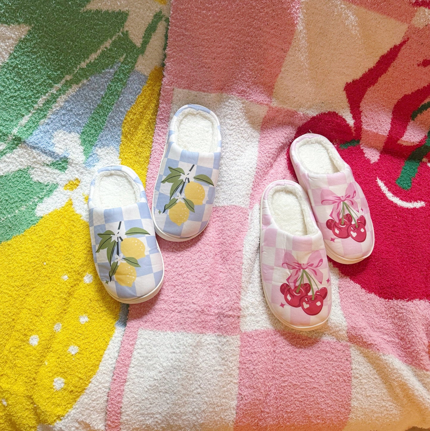Cherry Bow Check Lounge Slippers - Sweet & Cozy