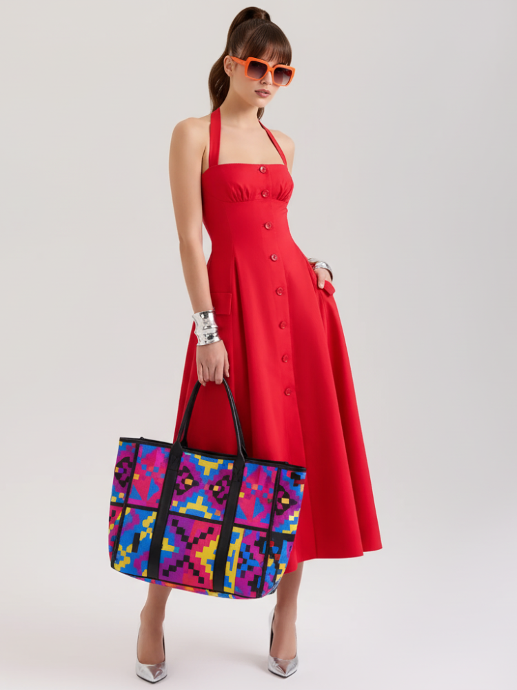 Fitted V-Neck Halter Dress for Women, Mid-Waist, Midtown, BYMANYC New York.