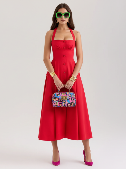 Fitted V-Neck Halter Dress for Women, Mid-Waist, Midtown, BYMANYC New York.