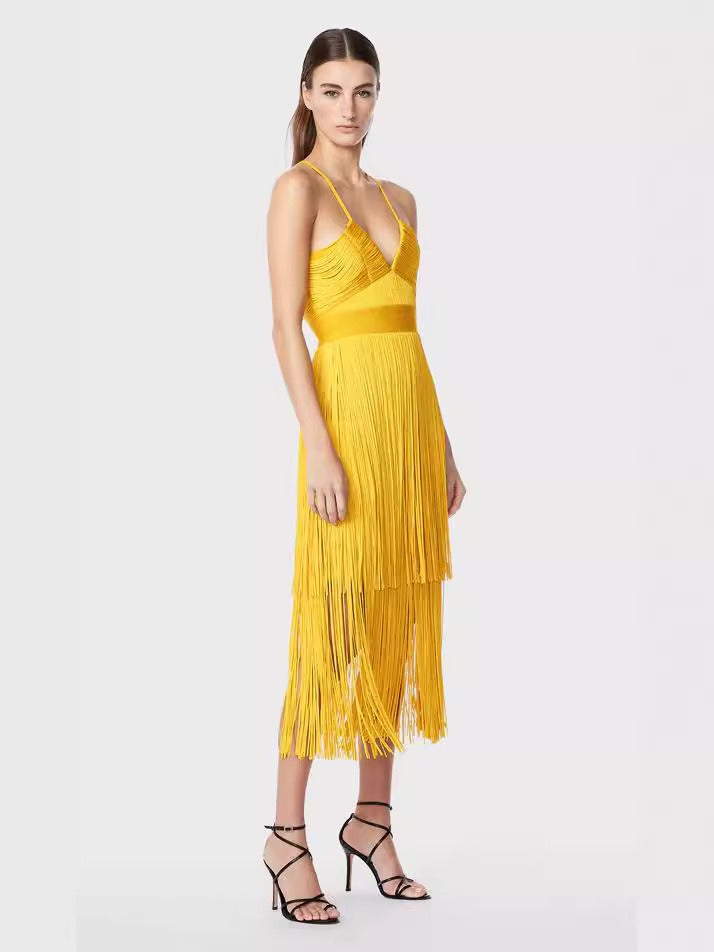 Fringe Bandage Dress With Suspender Straps for Women, Tribeca, BYMANYC New York.