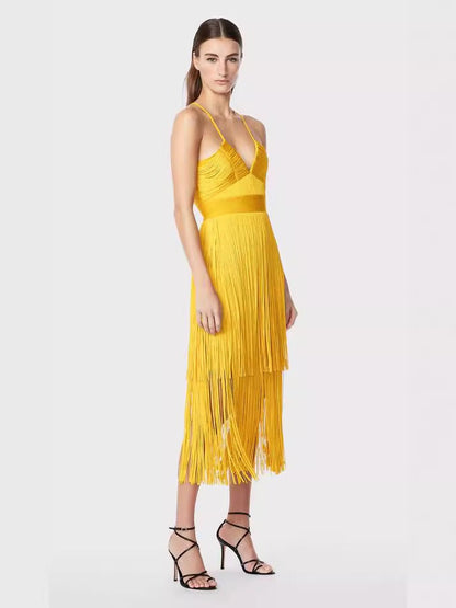 Fringe Bandage Dress With Suspender Straps for Women, Tribeca, BYMANYC New York.
