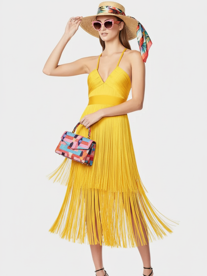 Fringe Bandage Dress With Suspender Straps for Women, Tribeca, BYMANYC New York.