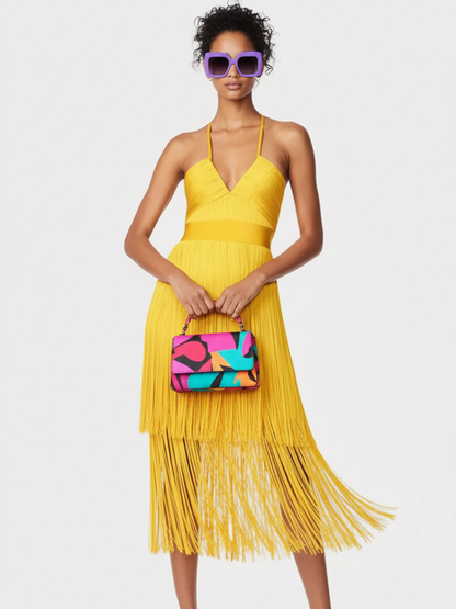 Fringe Bandage Dress With Suspender Straps for Women, Tribeca, BYMANYC New York.