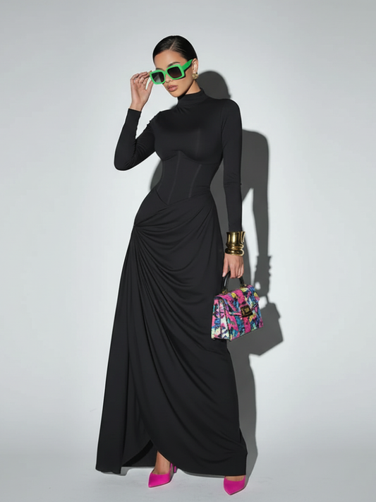 High Neck Waist-Cinched Slit Dress for Women, Elegant, Fifth Avenue, BYMANYC New York.