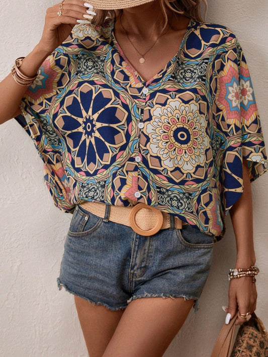 Boho Print V-Neck Short Sleeve Top – Summer Casual