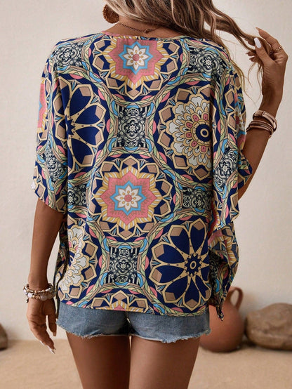 Boho Print V-Neck Short Sleeve Top – Summer Casual