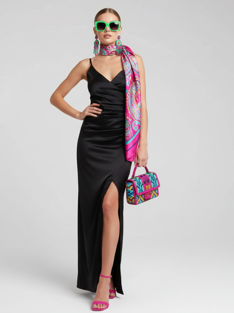 Black Backless V-Neck Slit Dress for Women, Fitted, Greenwich Village, BYMANYC New York.
