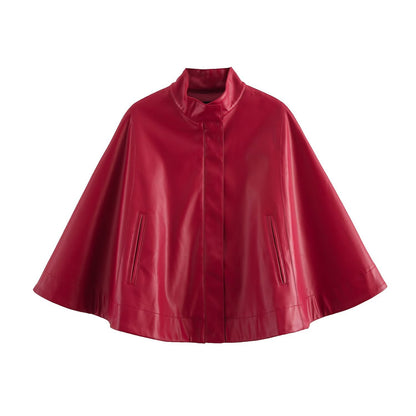 Red Leather-Style Short Cape Jacket for Women, Greenwich Village, BYMANYC New York.