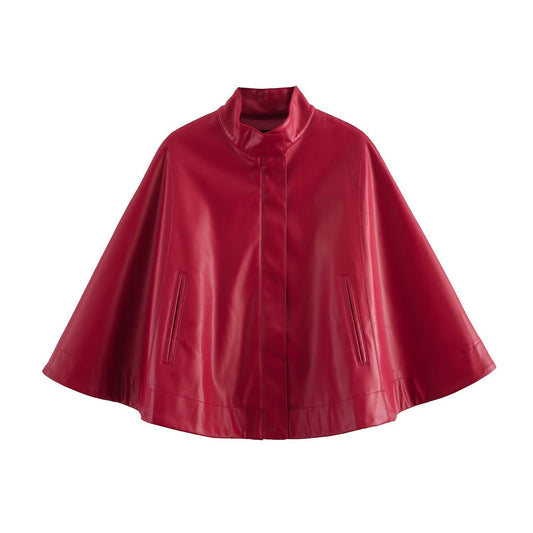 Red Leather-Style Short Cape Jacket for Women, Greenwich Village, BYMANYC New York.
