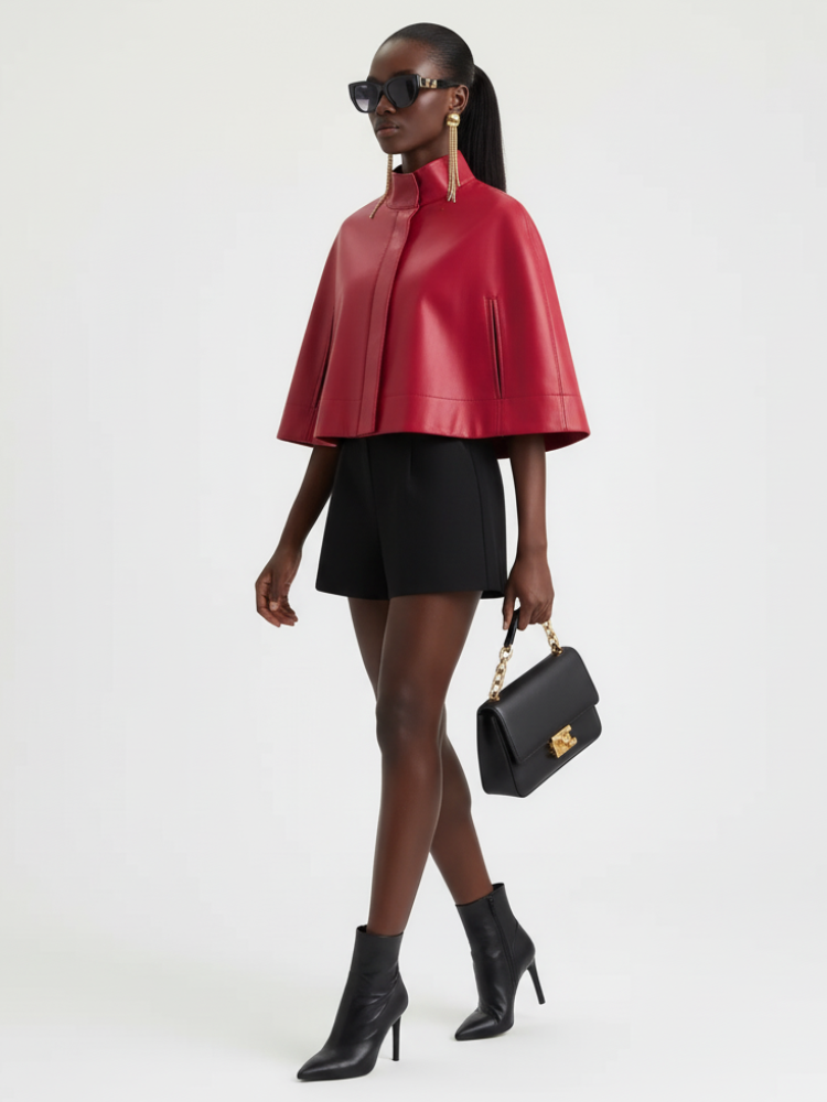 Red Leather-Style Short Cape Jacket for Women, Greenwich Village, BYMANYC New York.