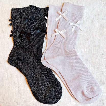Shimmer Chic Bow Embellished Socks Set of 2