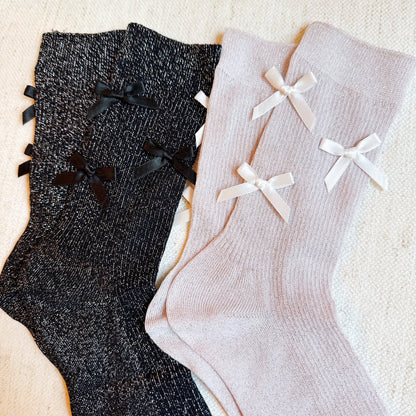 Shimmer Chic Bow Embellished Socks Set of 2