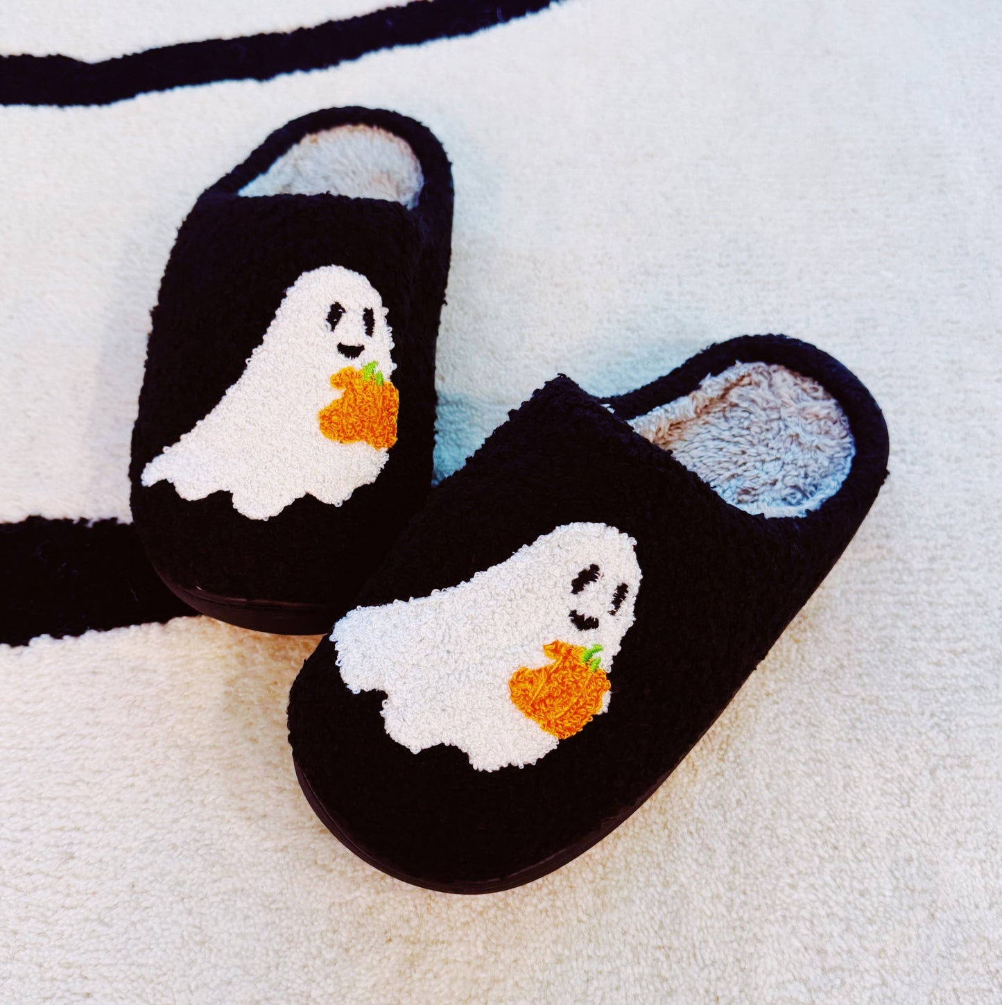 Spooky Ghost Cozy Slippers – Soft Black Slippers With Cute Ghost and Pumpkin Embroidery