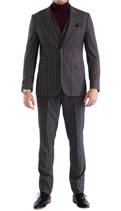 Bellagio Grey White Mens 2 Button Slim Peak Lapel Suit With Pick Stiching Ticket Pocket Double Breasted Vest With Shawl