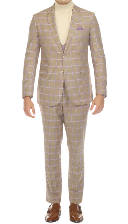 Wilton Tan Mens 2 Button Slim Notch Lapel Suit With Pick Stiching "U" Shaped Vest Double Breasted Contrast Vest