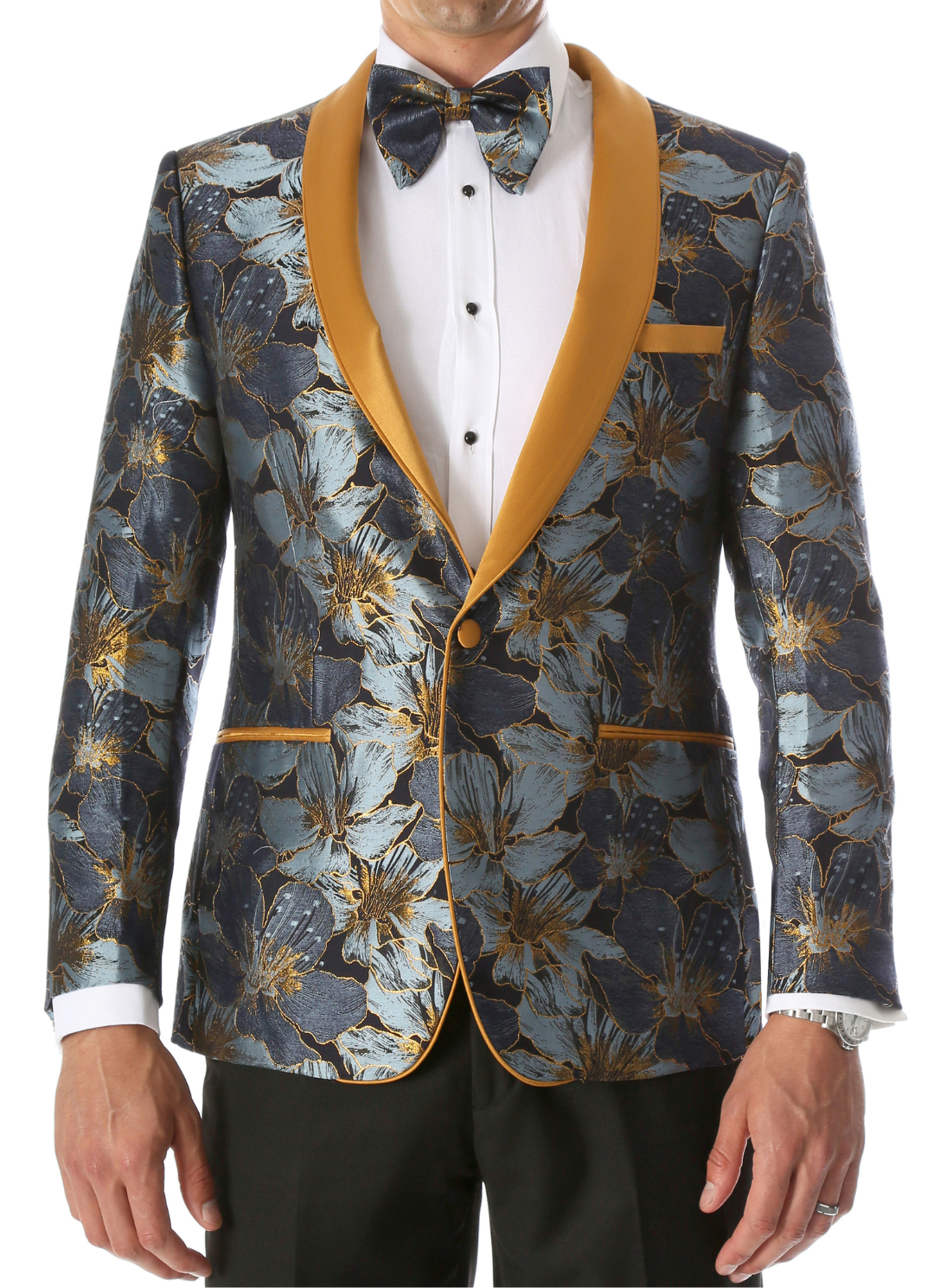 Men's Blue Hugo Floral Modern Fit Shawl Collar Tuxedo Blazer