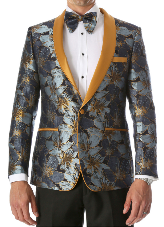 Men's Blue Hugo Floral Modern Fit Shawl Collar Tuxedo Blazer