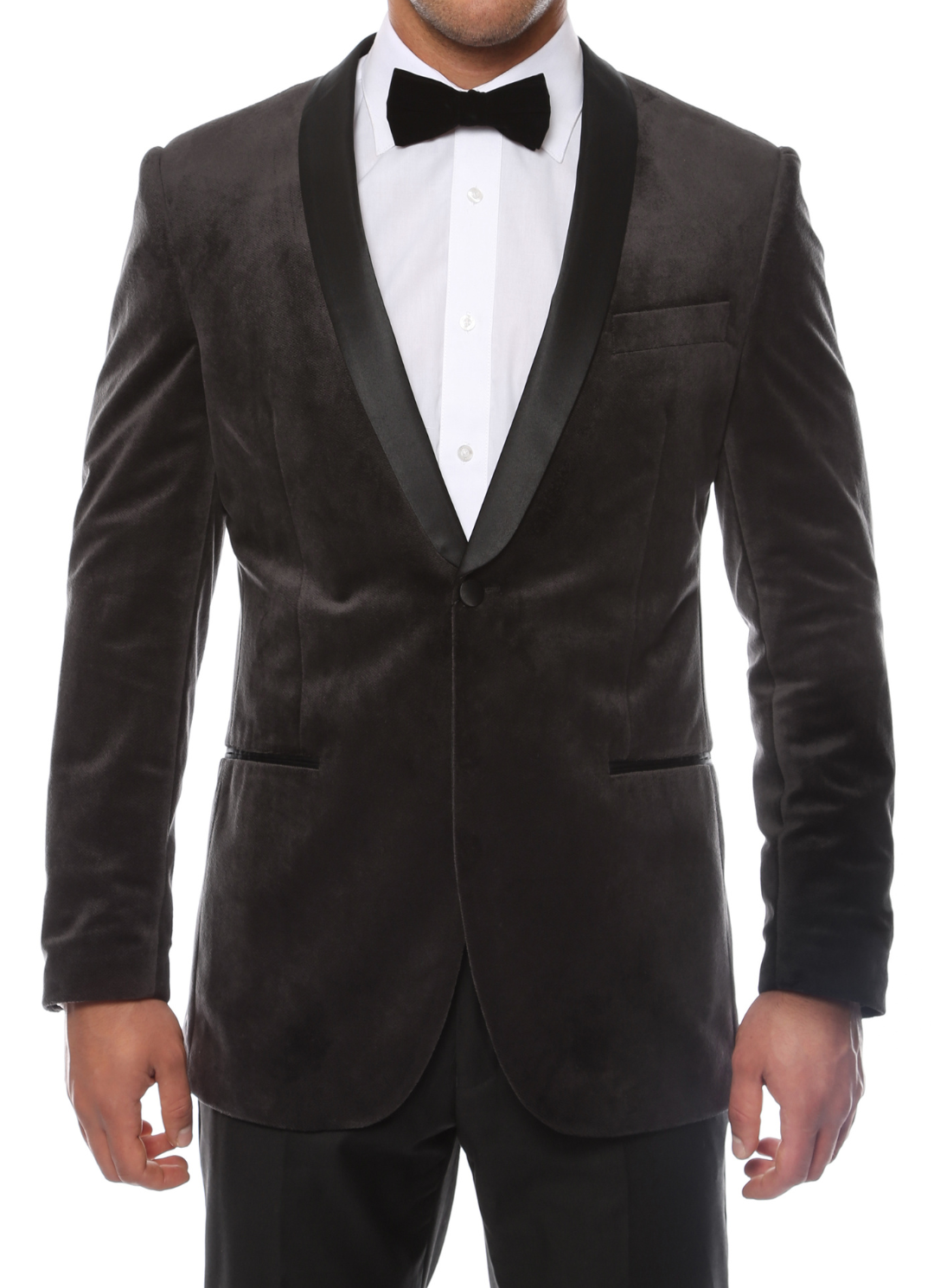 Enzo Grey Slim Fit Velvet Shawl Collar Tuxedo Blazer