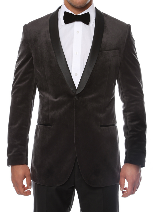 Enzo Grey Slim Fit Velvet Shawl Collar Tuxedo Blazer