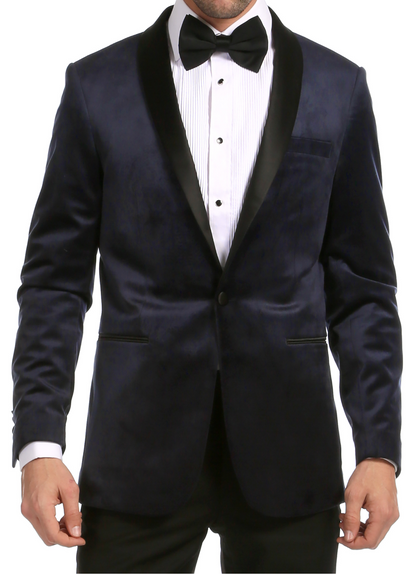 Enzo Navy Velvet Slim Fit Shawl Lapel Tuxedo Men's Blazer
