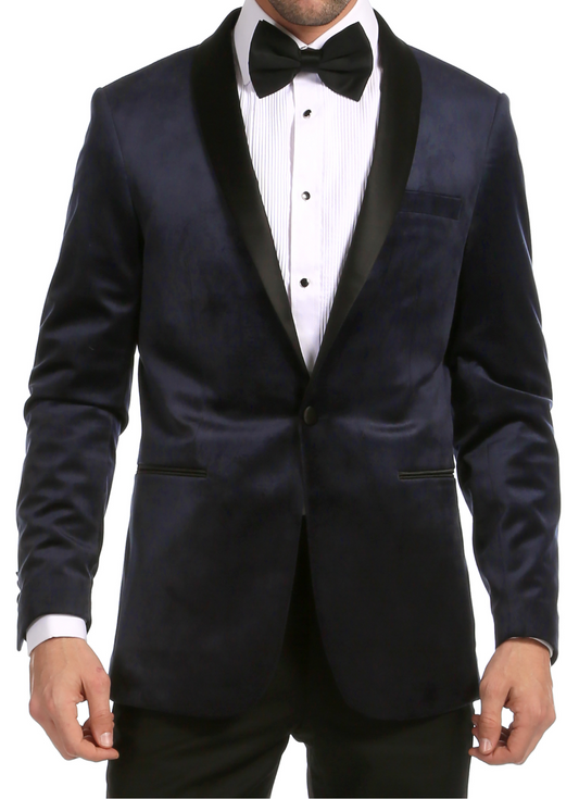 Enzo Navy Velvet Slim Fit Shawl Lapel Tuxedo Men's Blazer