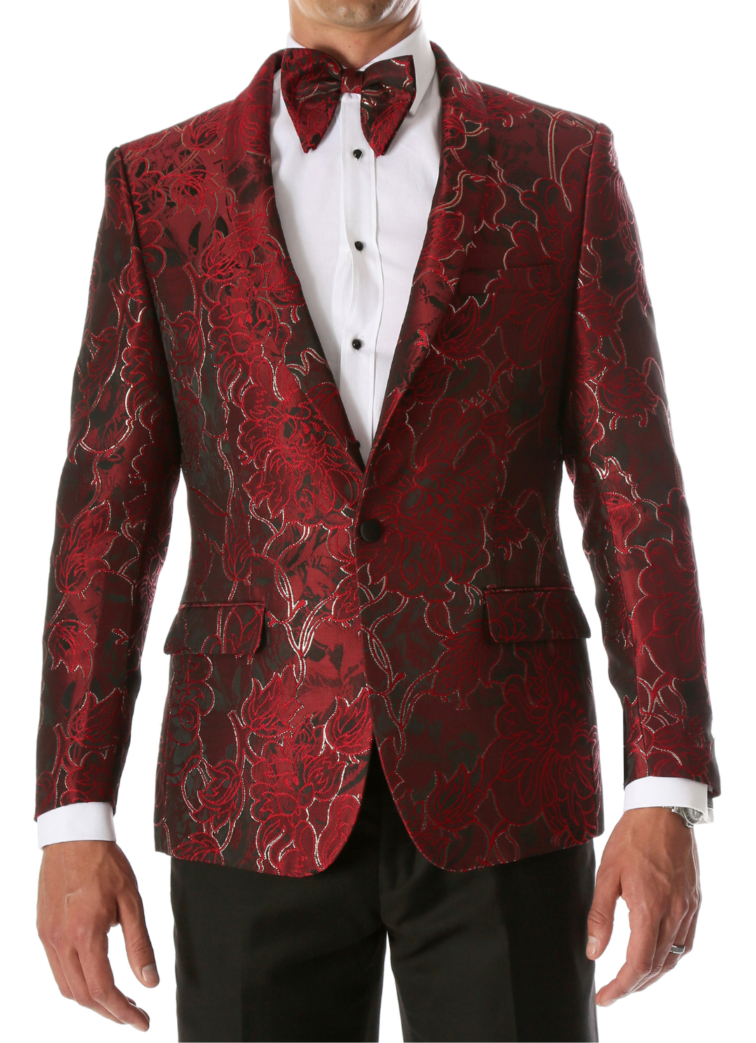 Men's Romi Red Floral Modern Fit Shawl Collar Tuxedo Blazer