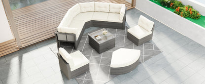 Patio Furniture Set Outdoor Daybed Rattan Sectional With Cushions and Center Table, Beige, Iron & Rattan, Multiple Sizes