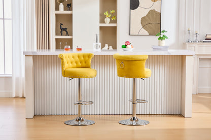 Velvet Bar Stool Set of 2, Adjustable Swivel Bar Stools With Silver Plated Metal Leg, Chrome Nailhead, Counter Height Ch