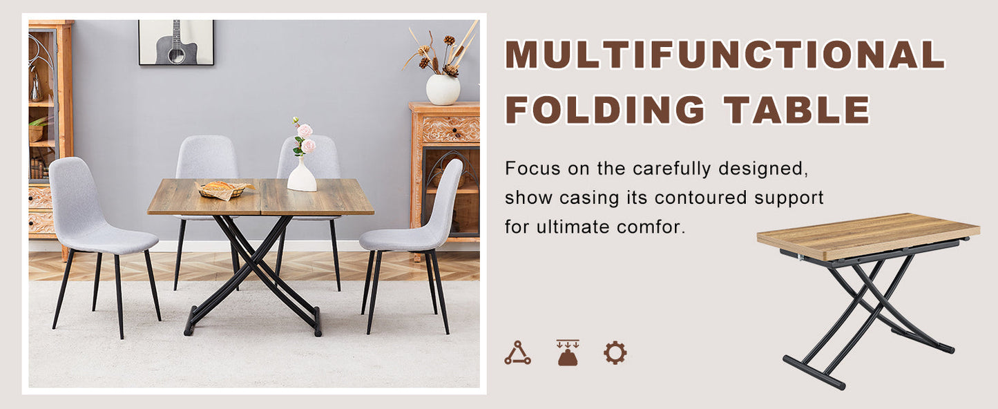 Table and Chair set.Modern Multifunctional Lifting Platform,Natural Wood Grain Sticker MDF Desktop, Black Metal Legs.Pai