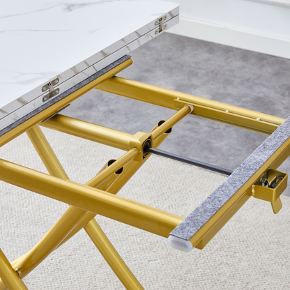 Table and Chair Set. Modern Multifunctional Lifting Platform, White Textured Sticker MDF Desktop, Gold Metal Legs. Paire