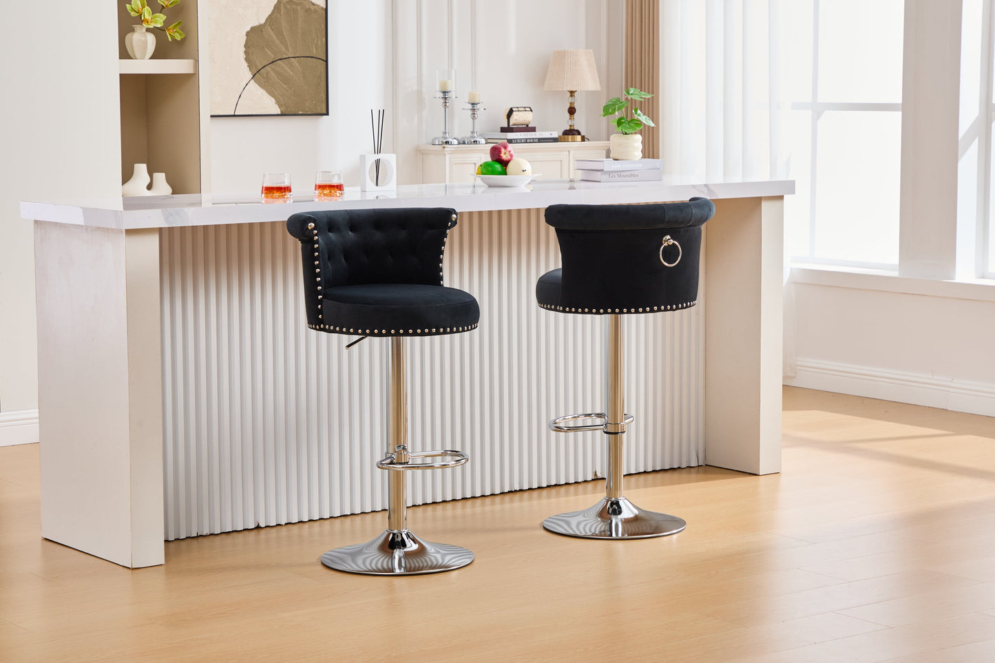 Velvet Bar Stool Set of 2, Adjustable Swivel Bar Stools With Silver Plated Metal Leg, Chrome Nailhead, Counter Height Ch
