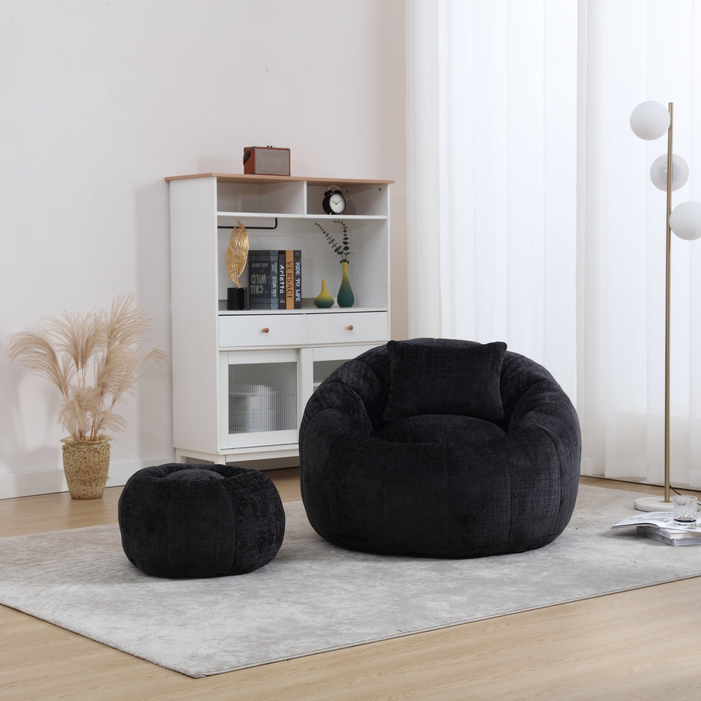 Modern Extra Large Round Bean Bag Chair With Footrest for Living Room, Chenille Fabric Lazy Sofa With Pillow for Adults,