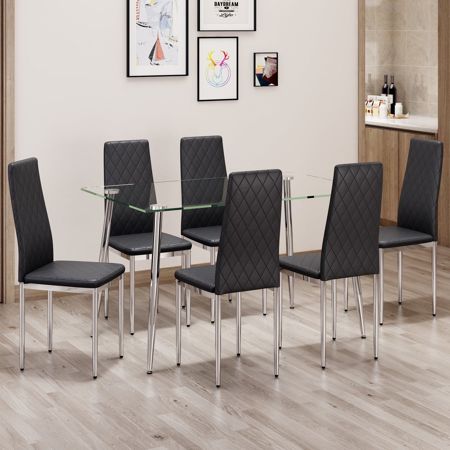 Table and Chair set.Rectangular Dining Table With Tempered Glass Tabletop and Silver Plating Metal Legs.Paired With 6 Ch