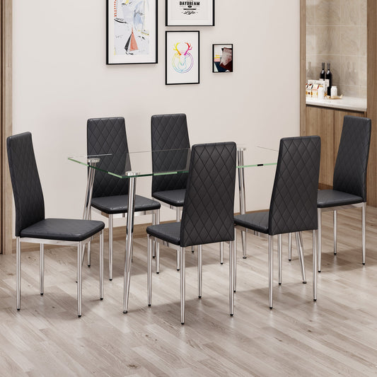 Table and Chair set.Rectangular Dining Table With Tempered Glass Tabletop and Silver Plating Metal Legs.Paired With 6 Ch