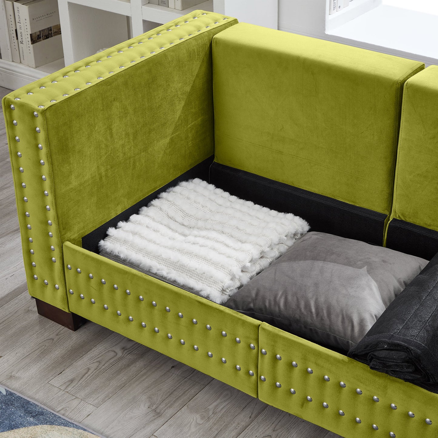 Modern Design Living Room Sofa 2+3 Seater Square Armrest With Silver Nails Decoration Upholstered Velvet Couch Green
