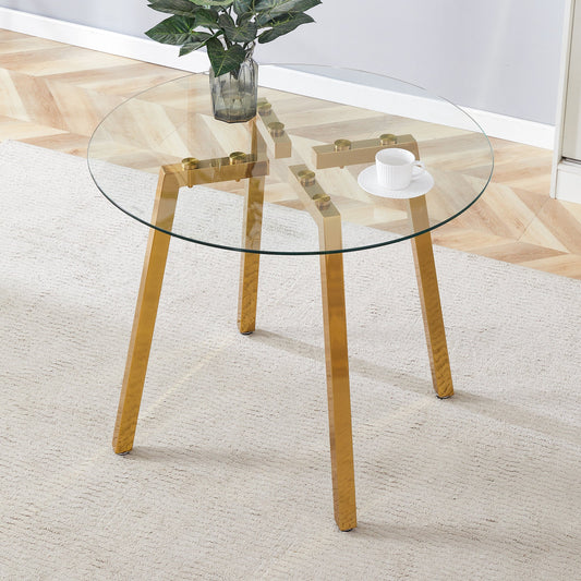 Modern Luxurious Round Tempered Glass Dining Table With Gold 7-Shaped Metal Legs,suitable for Family Meals, Office Confe