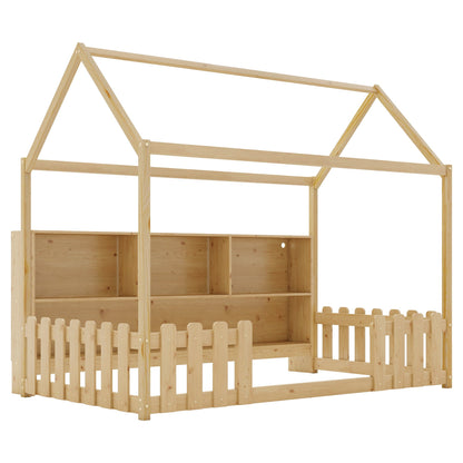 Twin Size House Bed With LED Light, Wood House Bed With Storage Bookshelf, Floor House Bed With Guardrails for Kids, Nat