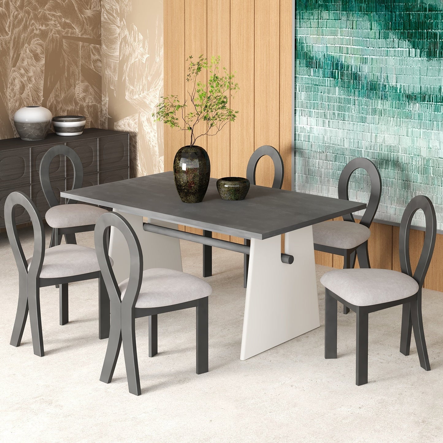 Modern 7-Piece Dining Table Set With Trestle Dining Table and 6 Upholstered Dining Chairs, Compact Kitchen Table Set For