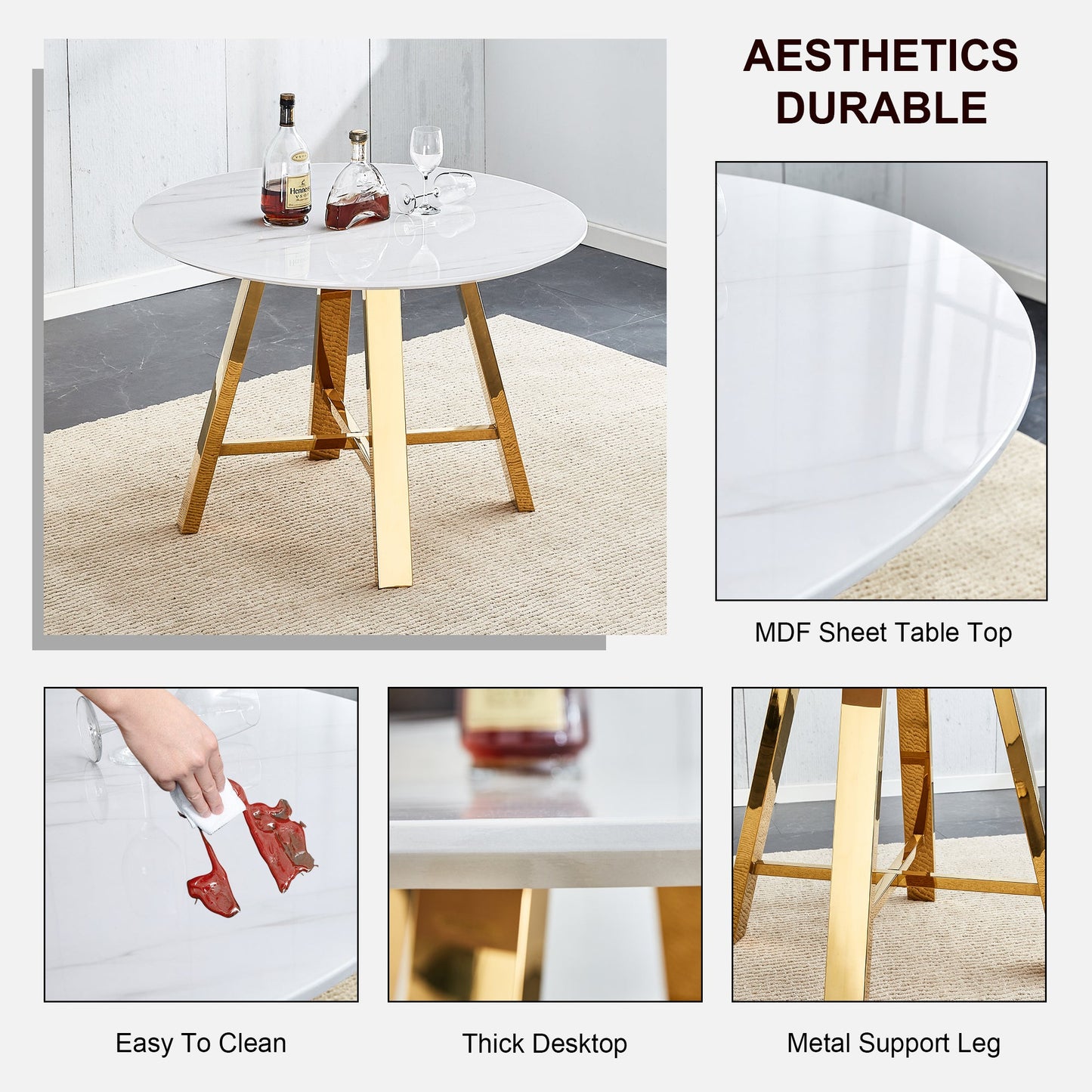 Modern Minimalist White Patterned Circular Dining Table and Coffee Table. MDF Desktop, Diameter 42 Inches, Stainless Ste