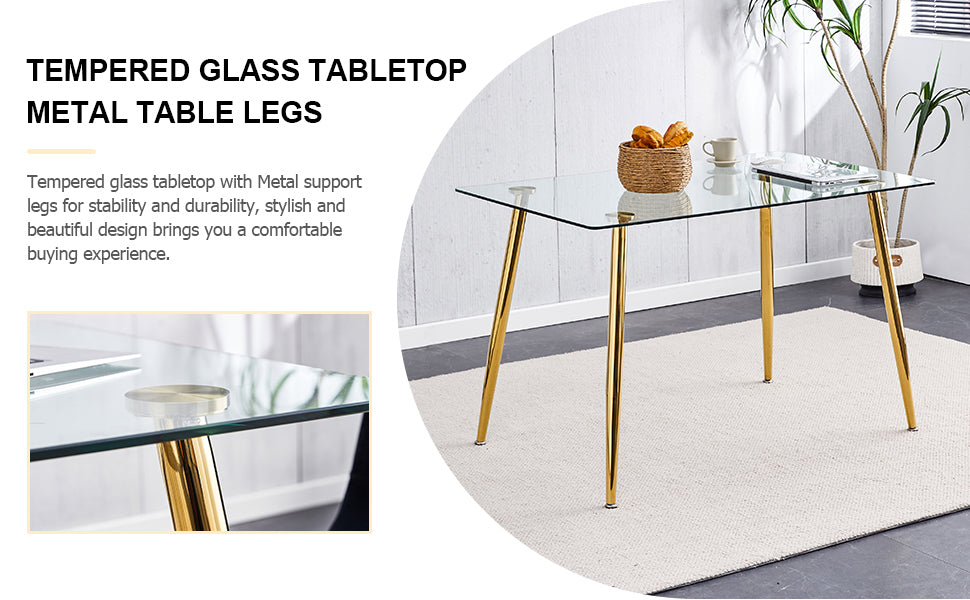 Modern Minimalist Rectangular Glass  Dining Table for 4-6 With 0.31' Tempered Glass Tabletop and Golden Plating Metal Le