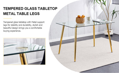 Modern Minimalist Rectangular Glass  Dining Table for 4-6 With 0.31' Tempered Glass Tabletop and Golden Plating Metal Le
