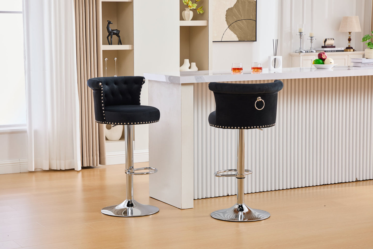 Velvet Bar Stool Set of 2, Adjustable Swivel Bar Stools With Silver Plated Metal Leg, Chrome Nailhead, Counter Height Ch