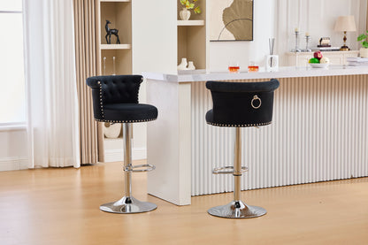 Velvet Bar Stool Set of 2, Adjustable Swivel Bar Stools With Silver Plated Metal Leg, Chrome Nailhead, Counter Height Ch