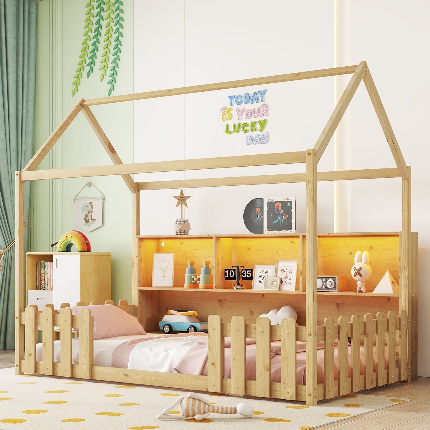 Twin Size House Bed With LED Light, Wood House Bed With Storage Bookshelf, Floor House Bed With Guardrails for Kids, Nat