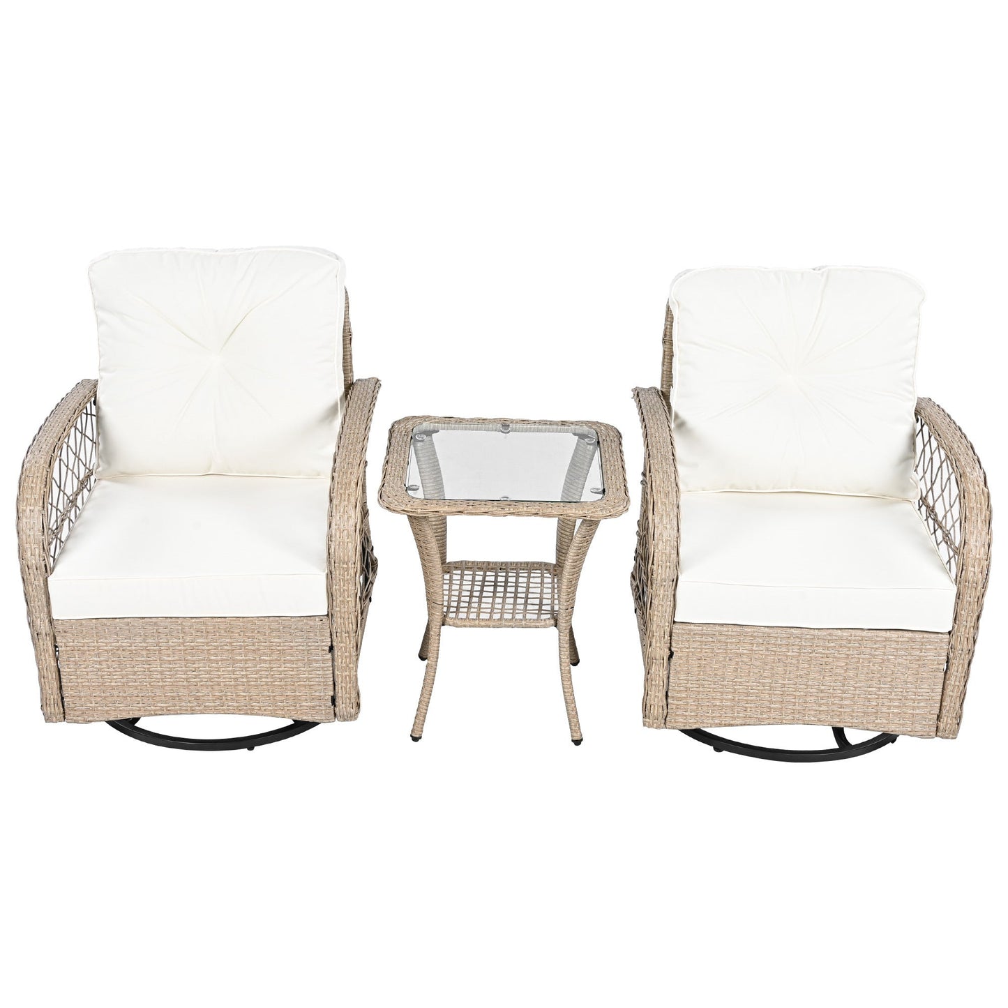 3-Piece Outdoor Chair&Table Set Chat Set 2-Person Rattan Seating Group With Two Swivel Chairs and a Square Table for Gar